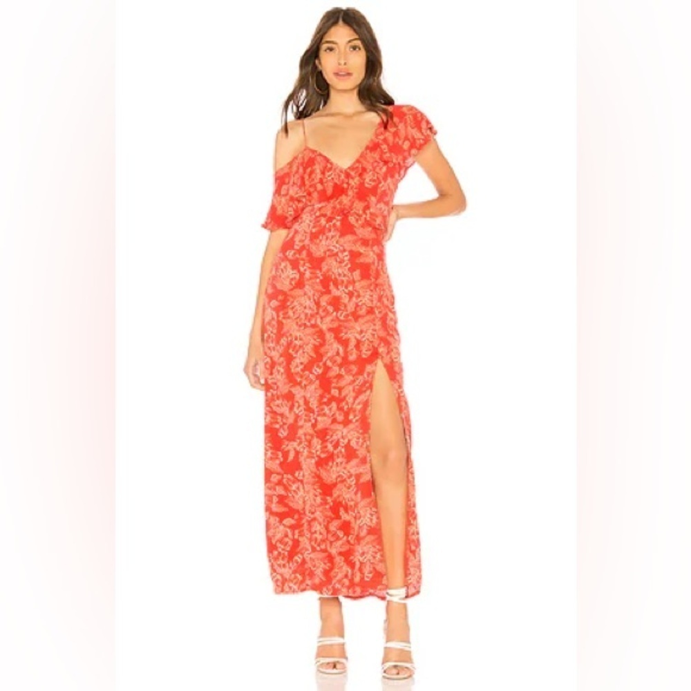 Amuse Society Red Cream Midnight Floral Ruffle Slit Cocktail Boho Dress Small